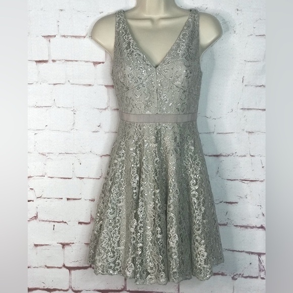 ADRIANNA PAPELL Silver Lace Overlay Fit & Flare Minidress Size 4 PETITE - Picture 6 of 16